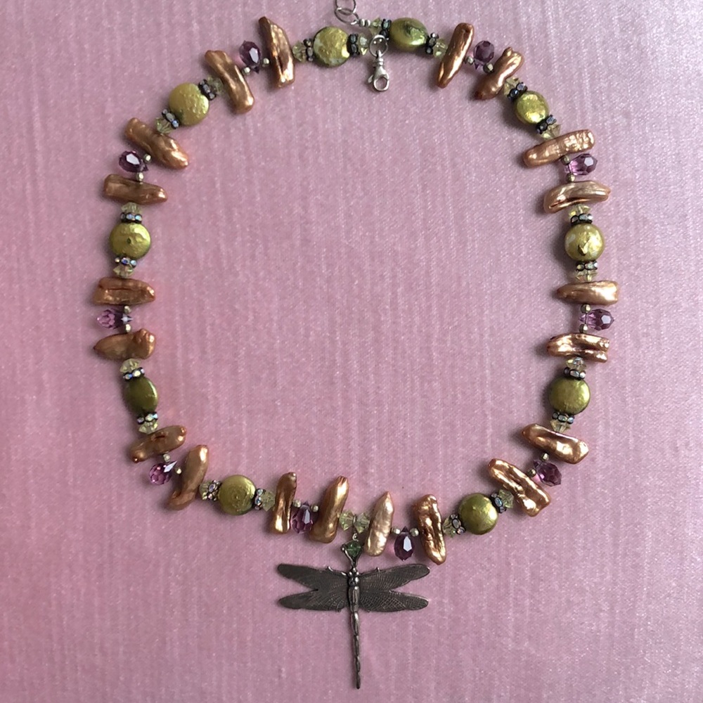 Genuine pearl and crystal Dragonfly necklace
